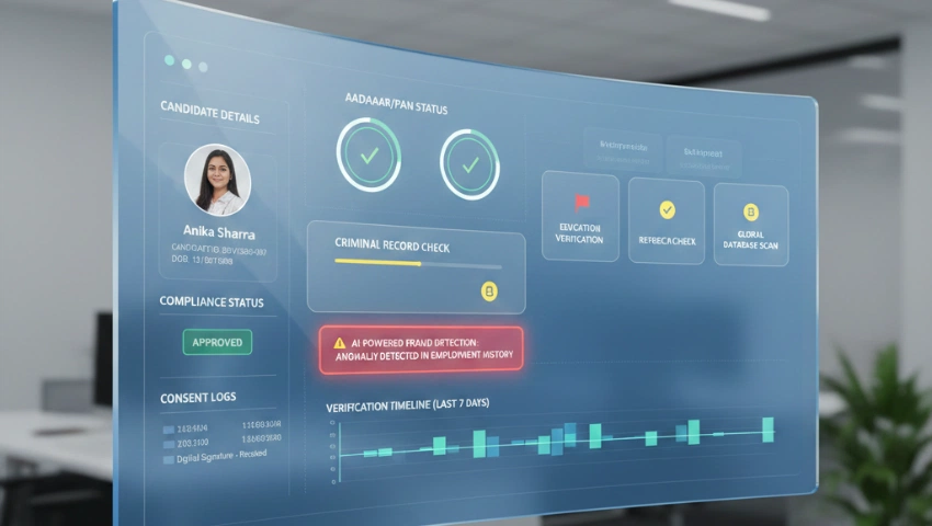 BGV dashboard: Fraud detection and status checks.